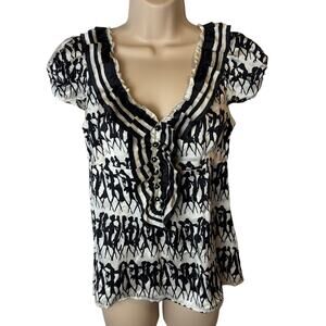 Nanette Lepore 100% Silk Black & Ivory Lady Figurines Print Blouse Size 6 Artsy